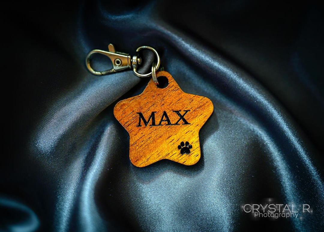 Custom Koa Wood Pet Tag: Personalized Engraved Star-Shaped Pet Tag